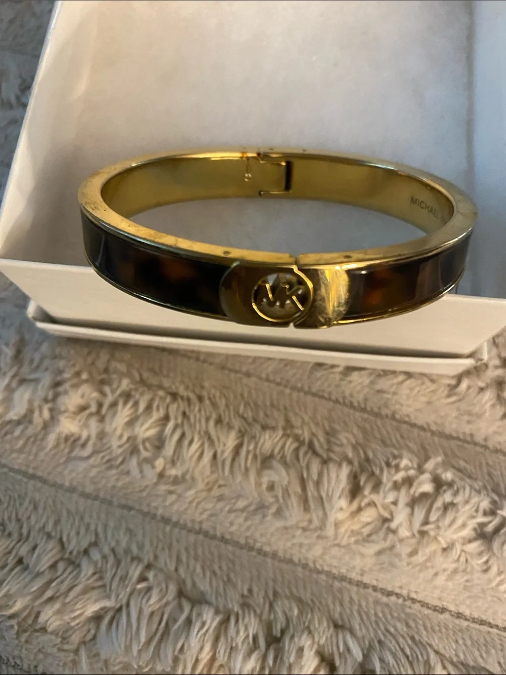 Michael Kors Tortoiseshell Enamel Bangle with Gold MK Emblem